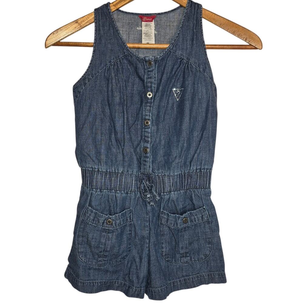 Vintage Y2K Guess Girl's Denim Sleeveless Romper Rhinestone Logo 6X